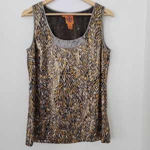 TORY BURCH Sz 10 Sleeveless Metallic Gold Black Silk Top Side Zip Leaf Print
